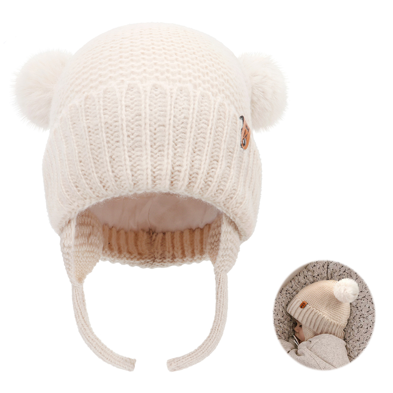 Infant Beanie Hat With Ears - Bébé laine chapeau mignon boule de