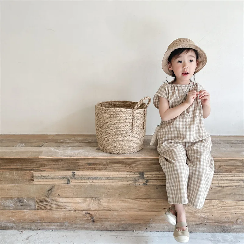 Baby Summer Linen Sleeveless Jumpsuit - Salopette à carreaux pour bébés filles,