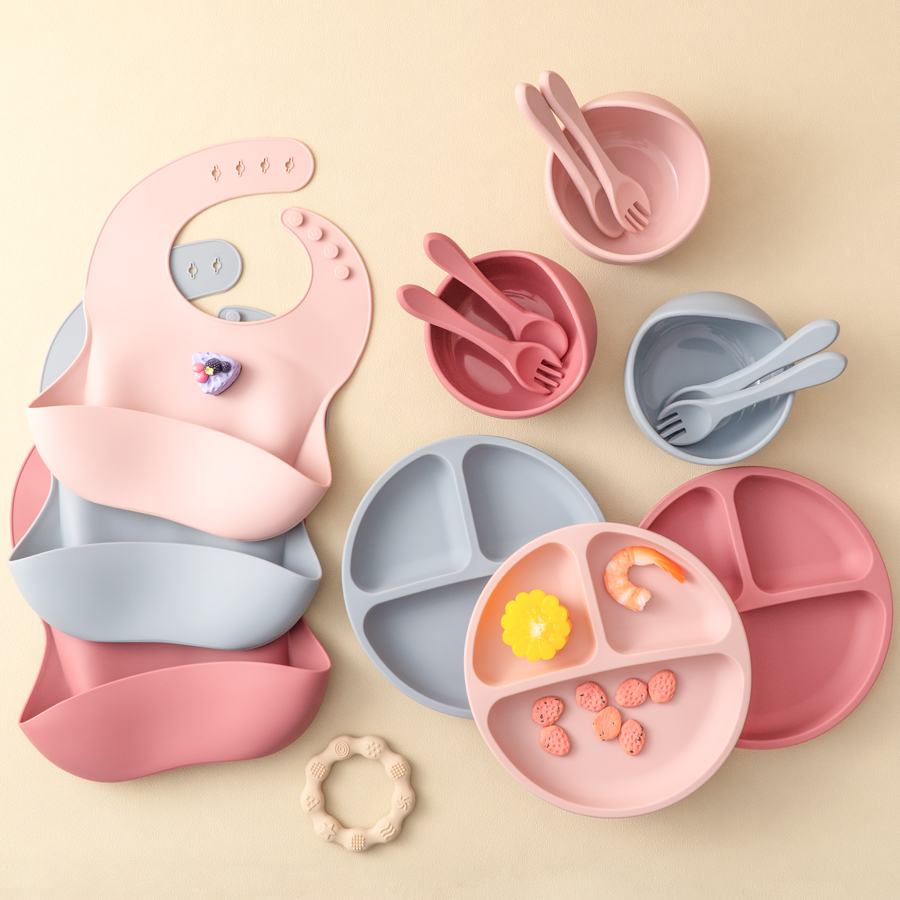 Waterproof Baby Bibs Silicone - Ensemble d'alimentation en Silicone pour bébé,