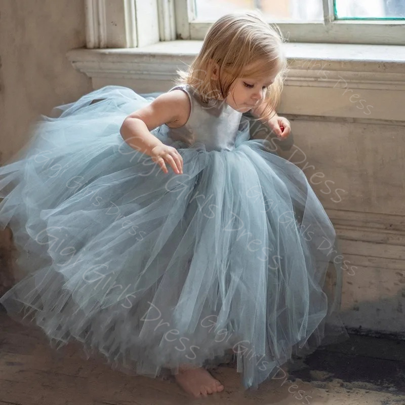 Toddler Girl Tulle Party Dress - Robe à fleurs bleue pour filles,
