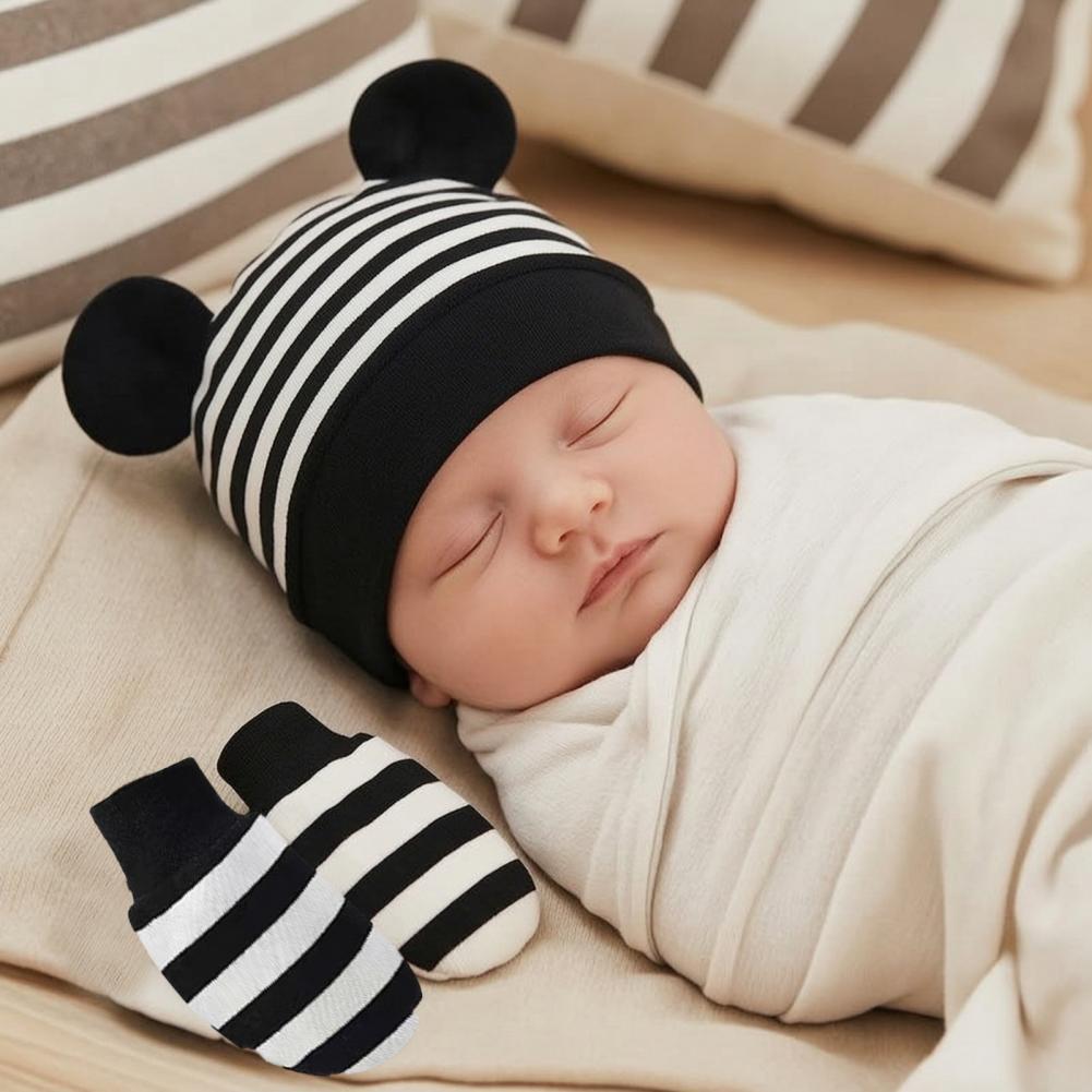 Infant Beanie Hat With Ears - Ensemble bonnet et moufles anti-griffures pour