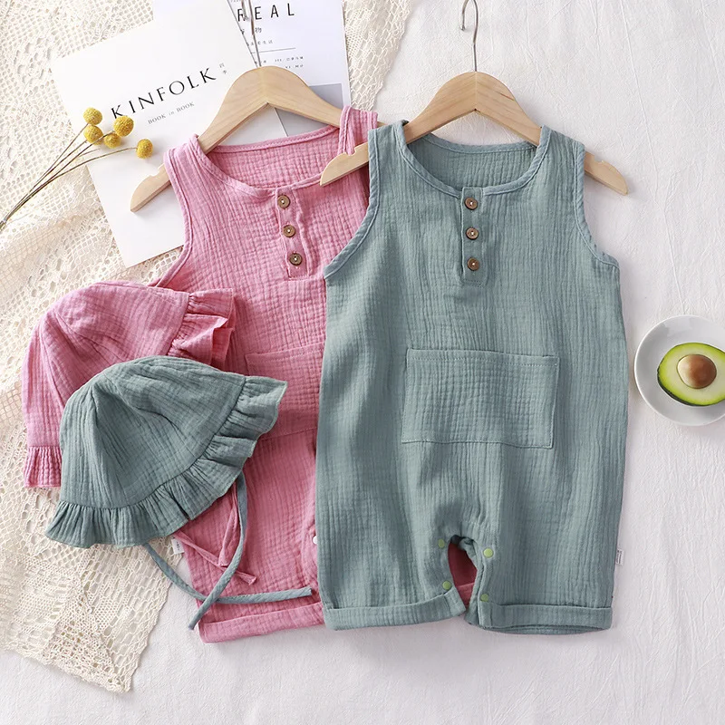 Baby Summer Linen Sleeveless Jumpsuit - Barboteuse en coton avec chapeau pour