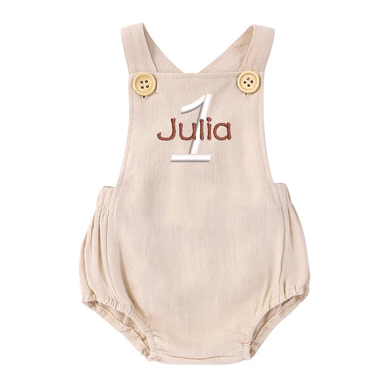 Baby Summer Linen Sleeveless Jumpsuit - Nom brodé 1er anniversaire barboteuse personnalisée